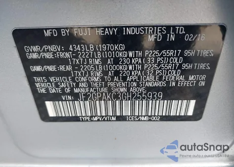 2016 Subaru Crosstrek 2.0I Limited z USA, uszkodzony, nr VIN JF2GPAKC3GH255939